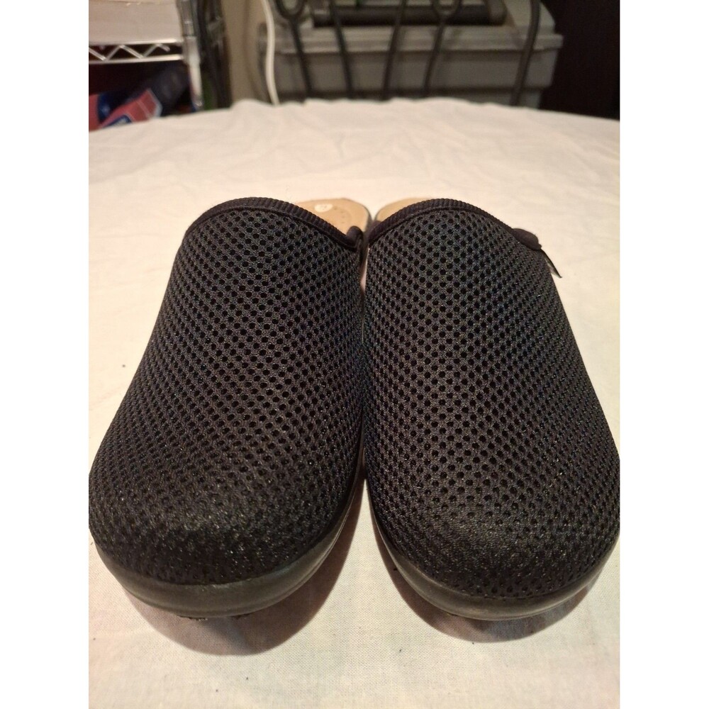 Fly Flot Black Mules women 7.5, leather Exc Condition, Woven